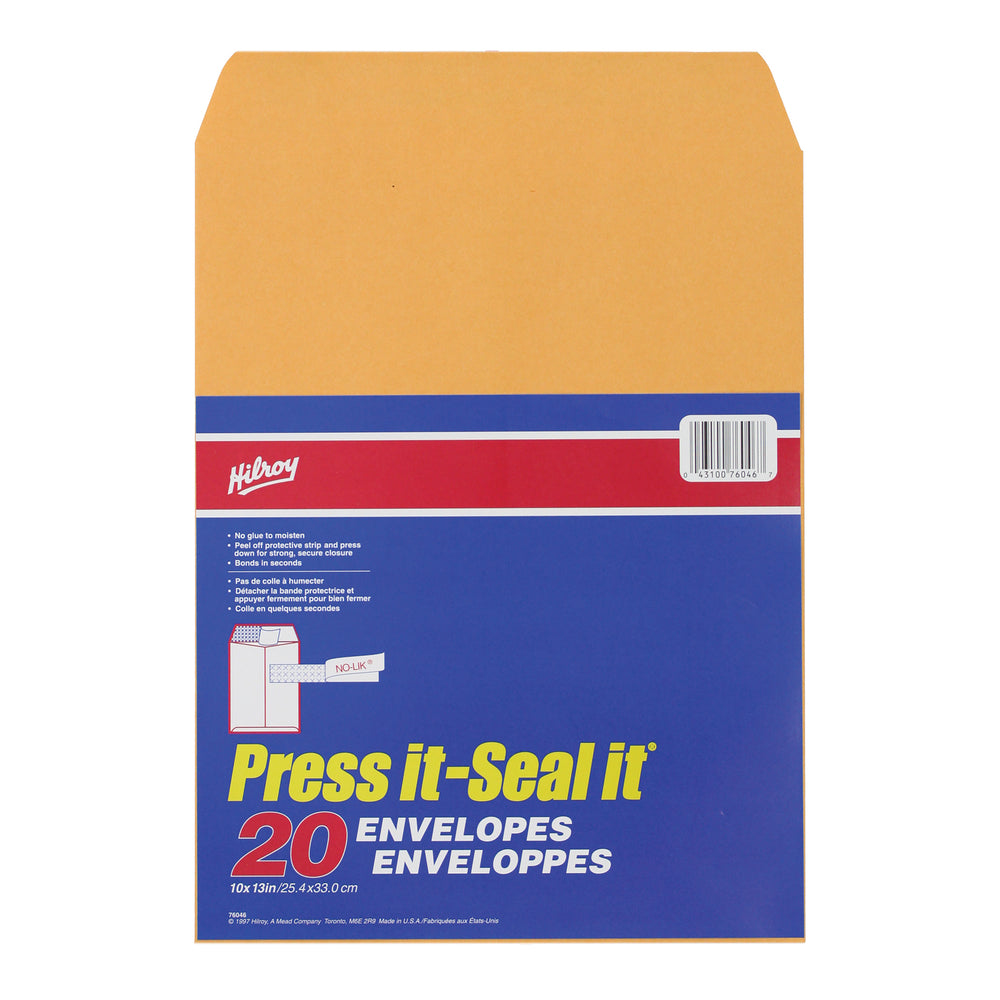 Enveloppes kraft autocollantes Hilroy Press-It Seal-It – 24 lb – 10 po x 13 po – Bronzage – Paquet de 20