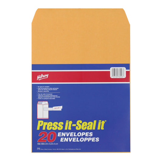 Enveloppes kraft autocollantes Hilroy Press-It Seal-It – 24 lb – 10 po x 13 po – Bronzage – Paquet de 20