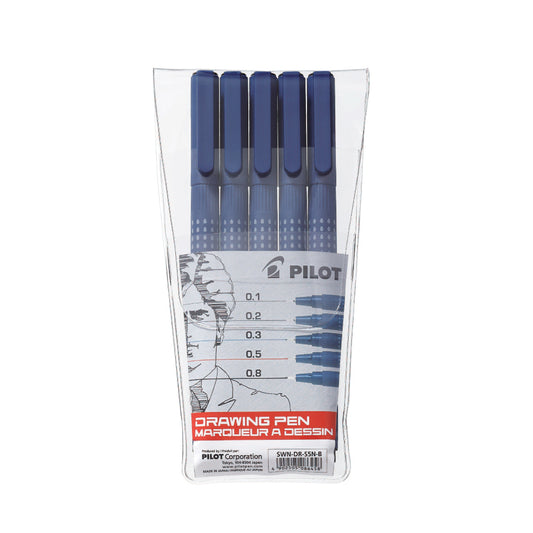 Stylo à dessin Pilot - Tailles de pointe assorties - Encre pigmentée noire/Corps bleu - Lot de 5