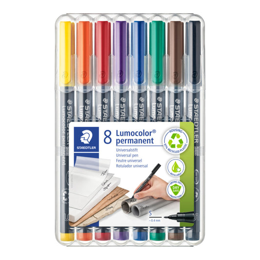 Marqueurs permanents Staedtler Lumocolor Dry-Safe - Pointe ultra-fine - Couleurs assorties - Lot de 8