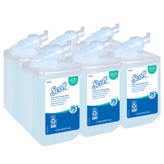 Scott Foam Hair and Body Wash (91553) - Light Blue - Fresh Scent Shampoo - 1.0 L - 6 Pack