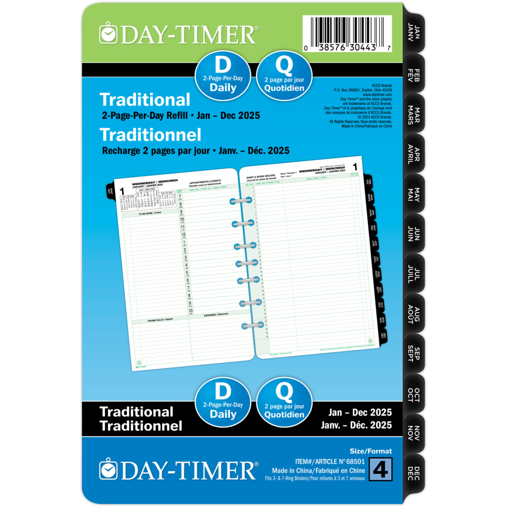 Day-Timer 2025 Dated Refill 2-Pages/Day Desk - 8-1/2" H x 5-1/2" W - Bilingual