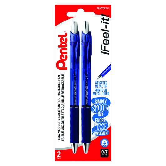 Pentel Feel-It! Retractable Ballpoint Pen - 0.7mm - Blue Ink - 2 Pack