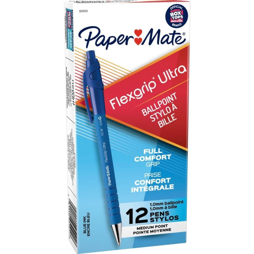 Stylos à bille recyclés Paper Mate Flexgrip Ultra - Rétractables - 1,0 mm - Bleus - Lot de 12