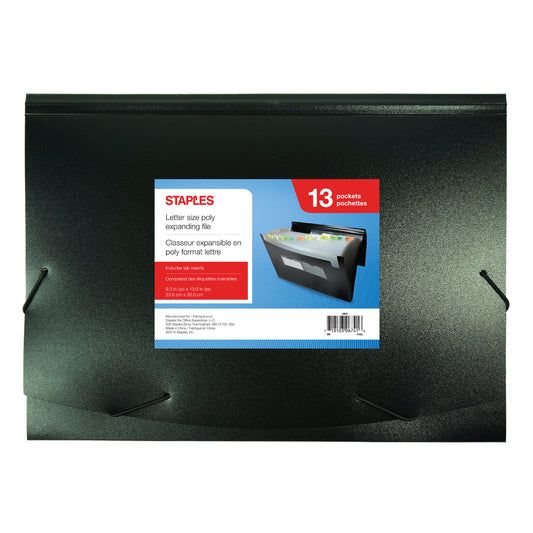 Classeur extensible Staples Poly - 13 pochettes - Format lettre - Noir