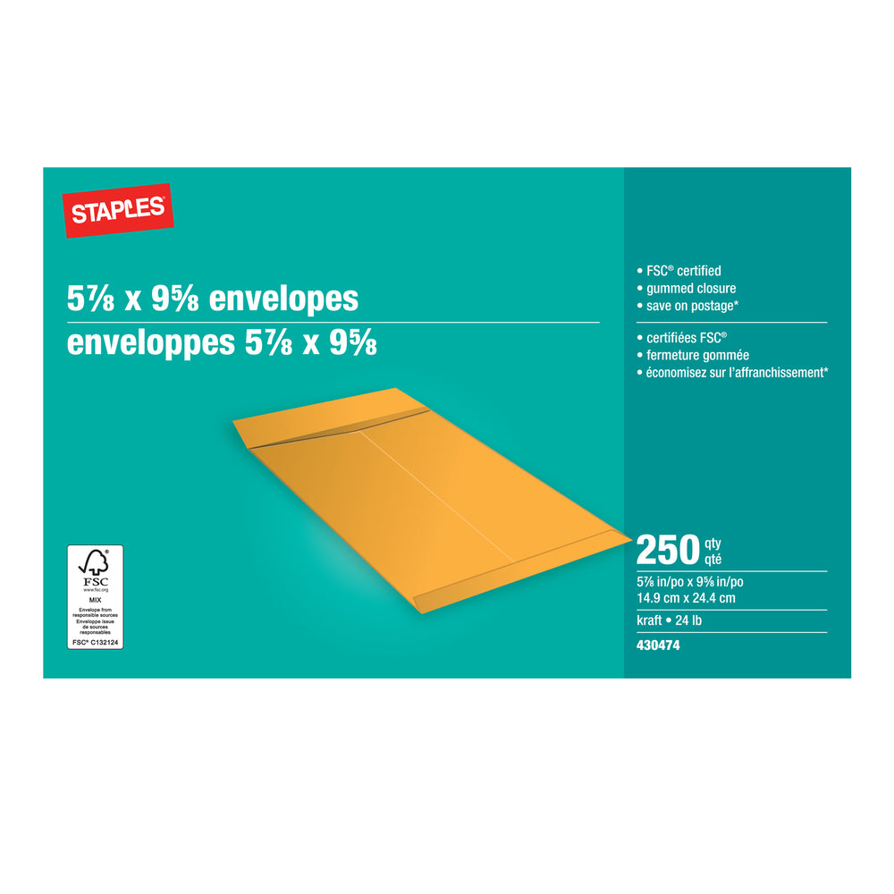 Staples Kraft Catalogue Envelopes with Gummed Flaps - 5-7/8" x 9-5/8" - Brown - 250 Pack