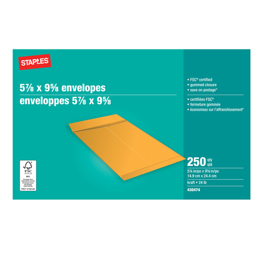 Staples Kraft Catalogue Envelopes with Gummed Flaps - 5-7/8" x 9-5/8" - Brown - 250 Pack