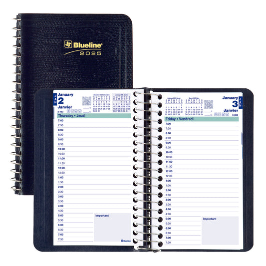 Blueline 2025 Daily Planner Spiral Binding - Soft Lizard-Like Cover - 6" x 3-1/2" - Blue - Bilingual
