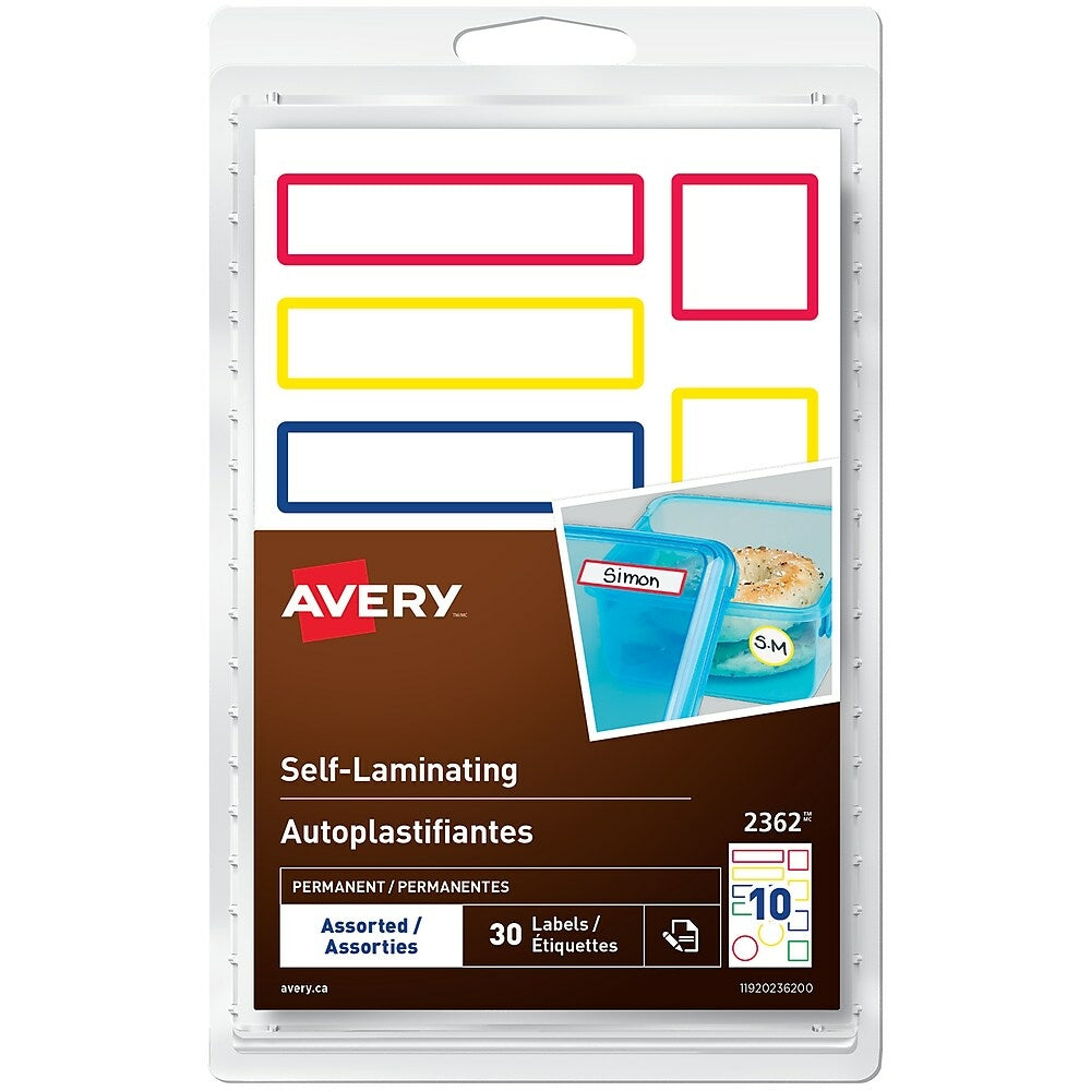 Étiquettes auto-plastifiées Avery, tailles assorties, couleurs primaires, paquet de 30 (2362)