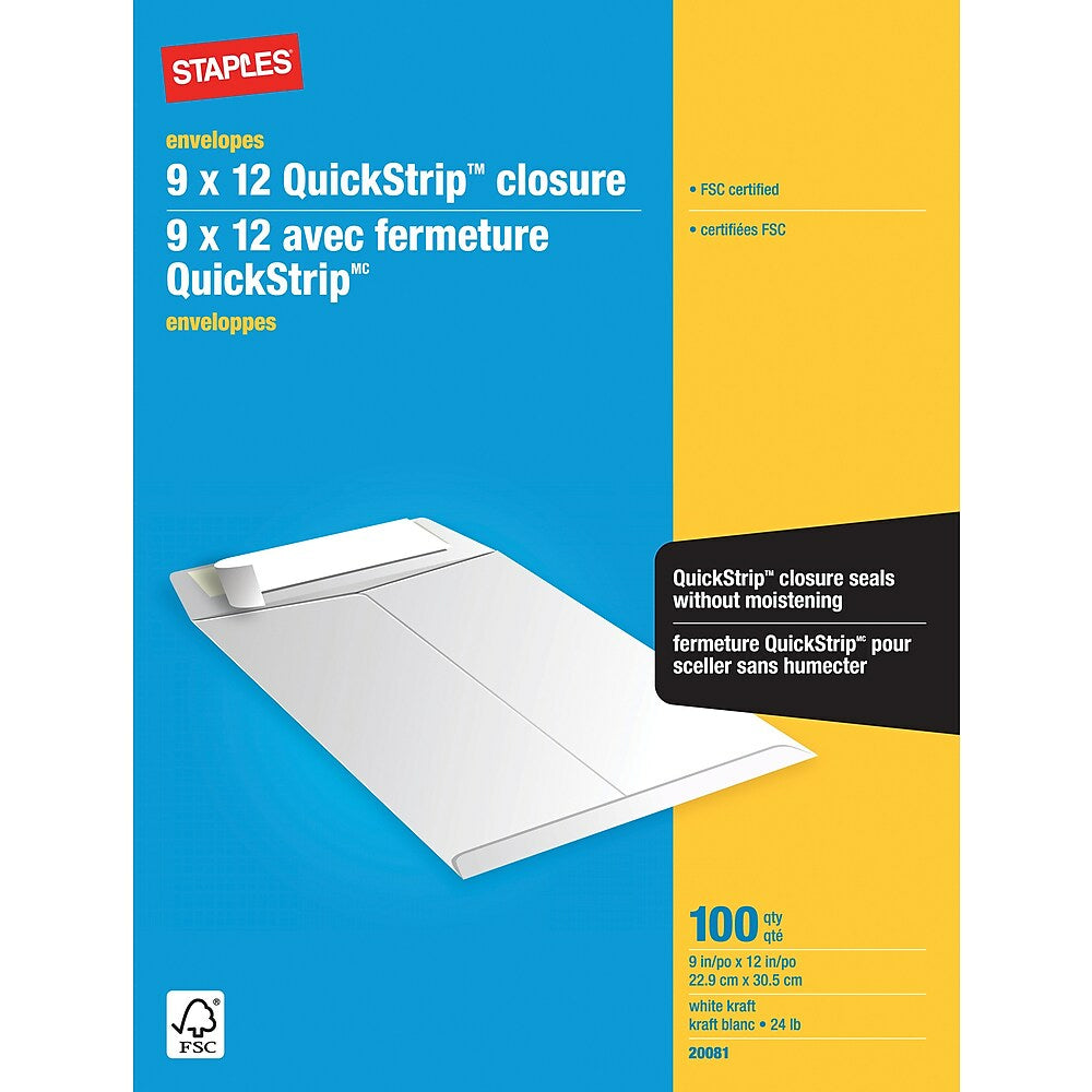 Staples Kraft Catalogue Envelopes with QuickStrip Closure - 9" x 12" - White - 100 Pack