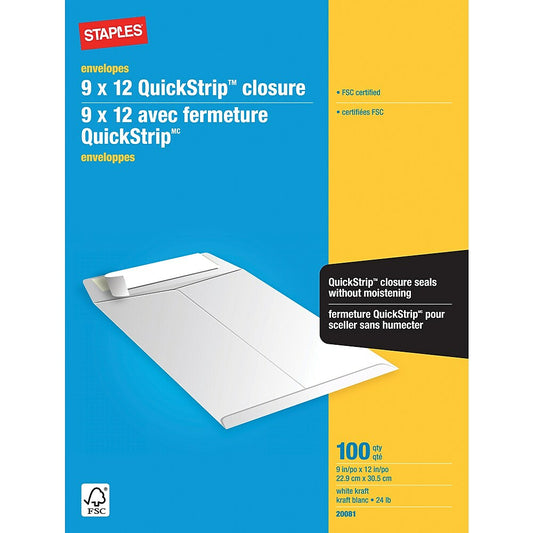 Staples Kraft Catalogue Envelopes with QuickStrip Closure - 9" x 12" - White - 100 Pack