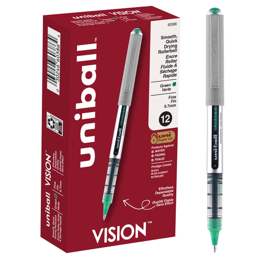 Stylos roller Uni-Ball Vision - Pointe fine (0,7 mm) - Vert - Lot de 12