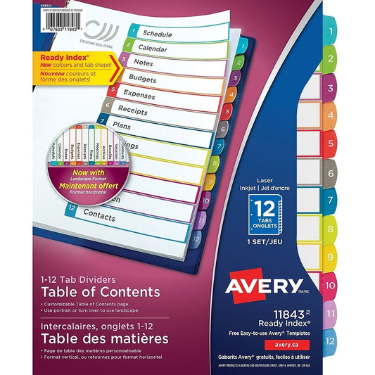 Avery Ready Index 1-12 Index Table of Content Dividers for Laser and Inkjet Printers - 12 Tabs - Multi-Colour