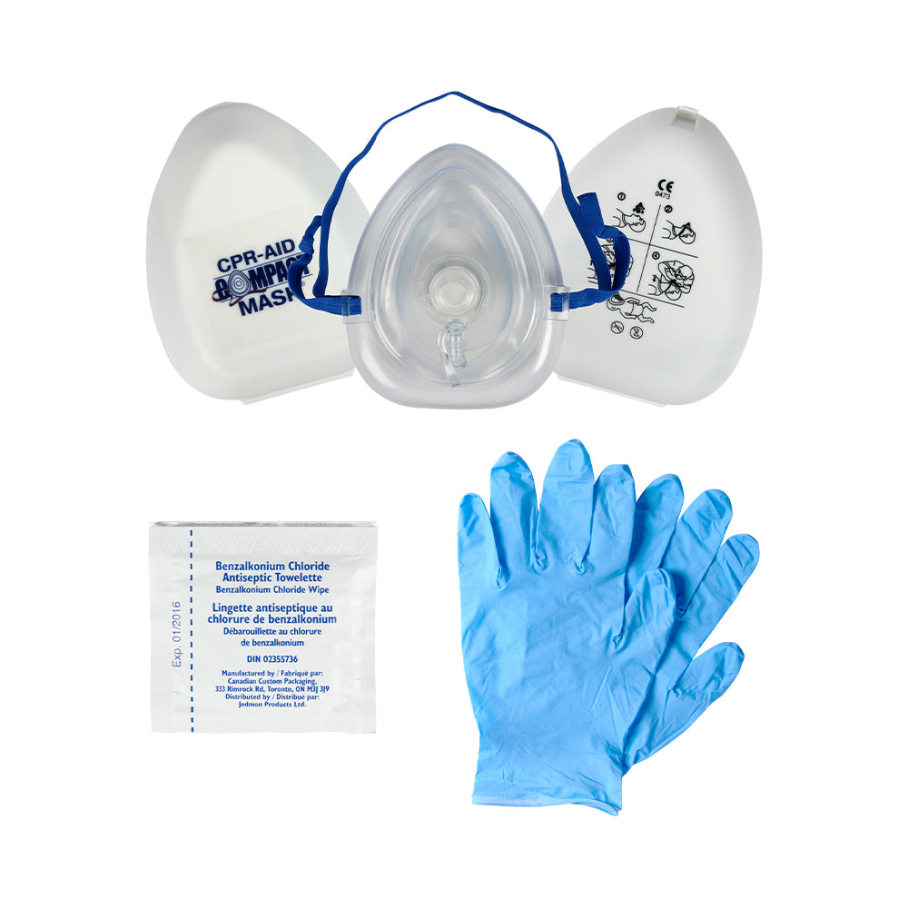 Masque compact Wasip CPR avec entrée d'oxygène - Étui - Gants et lingettes
