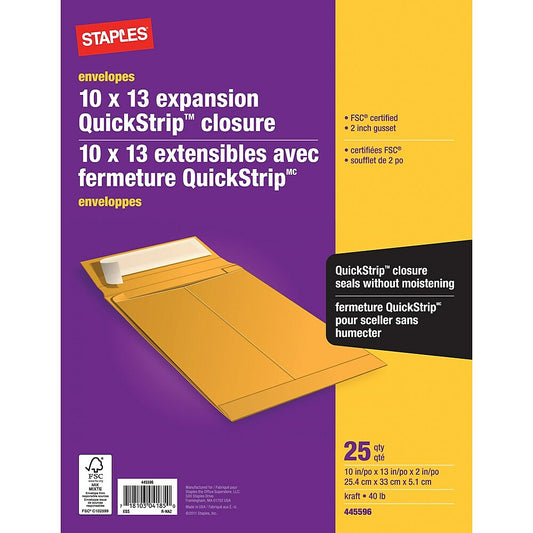 Enveloppes Kraft Staples Quickstrip - 10" x 13" x 2" - Paquet de 25