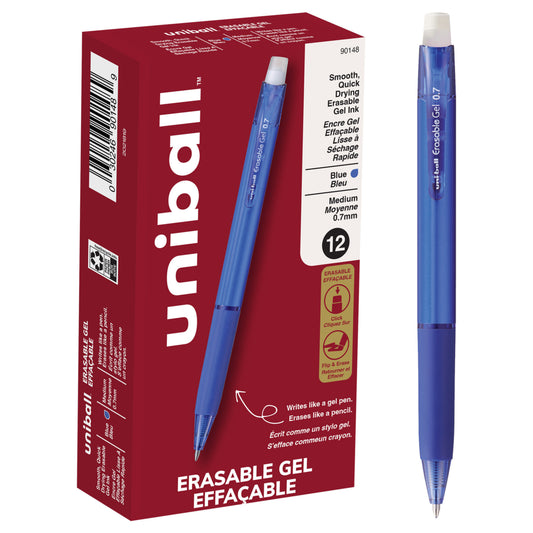 uni-ball Erasable Gel Retractable Pens - Medium Point (0.7mm) - Blue - 12 Pack