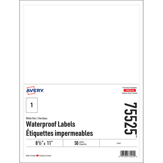 Avery Waterproof Labels - 8.5" x 11" - 50 Pack