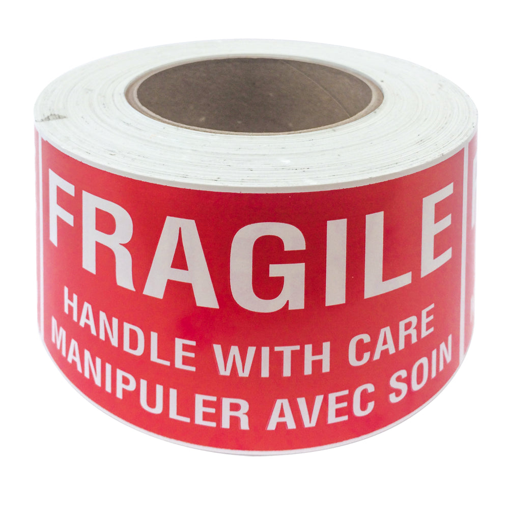 Étiquettes découpées SPC « Fragile Handle With Care » - Blanc/Rouge - 7,6 x 12,7 cm - 500/rouleau