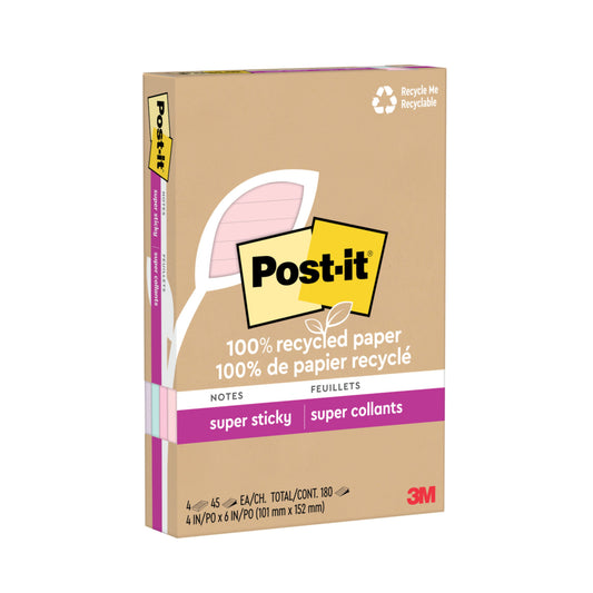 Notes autocollantes Post-it 100 % recyclées - 10 x 15 cm - Collection Wanderlust Pastels - Lignées - 180 feuilles - Paquet de 4