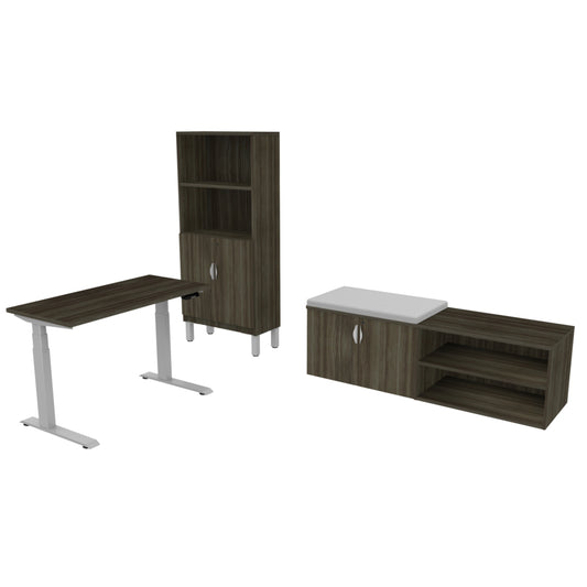 Heartwood HDL Levels Height Adjustable Desk with Open and Closed Bench Storage Suite - Grey Dusk Silver