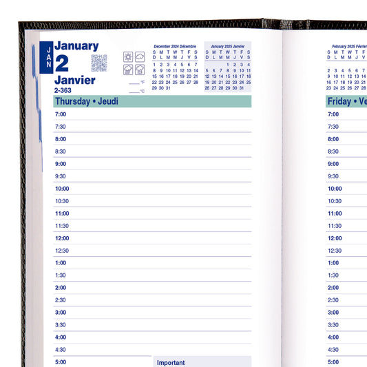 Agenda journalier Blueline 2025 - Reliure dos carré - 8" x 5" - Noir - Bilingue