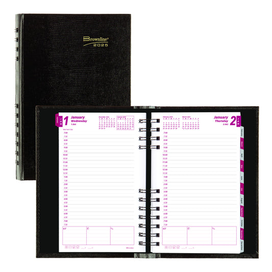 Brownline 2025 CoilPro Daily Planner Rigid Lizard-like Cover - 8" x 5" - Black - English