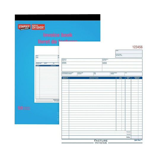 Staples Bilingual Invoice Book - Triplicates - Carbonless - Staple Bound - 8" x 10" - 50 Invoices
