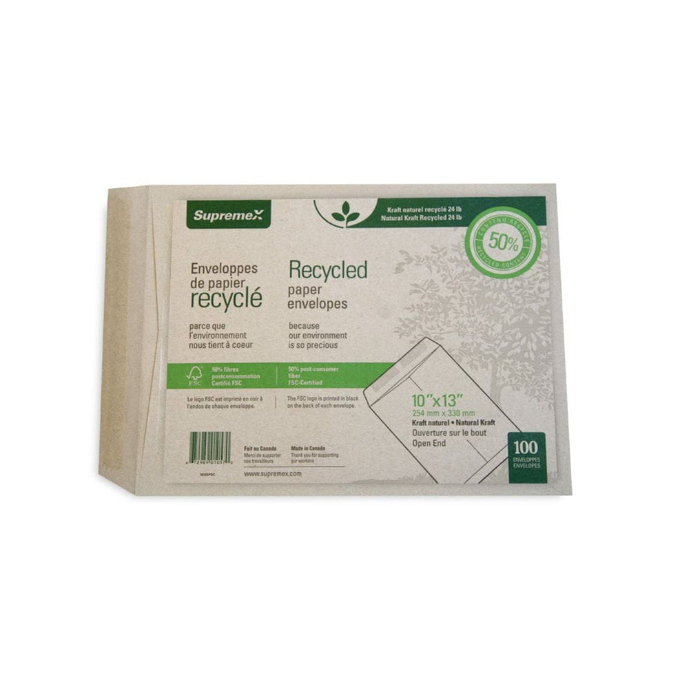 Enveloppes pour catalogue Supremex en papier kraft naturel robuste à extrémité ouverte – 24 lb – 10 po x 13 po – Naturel – Paquet de 25
