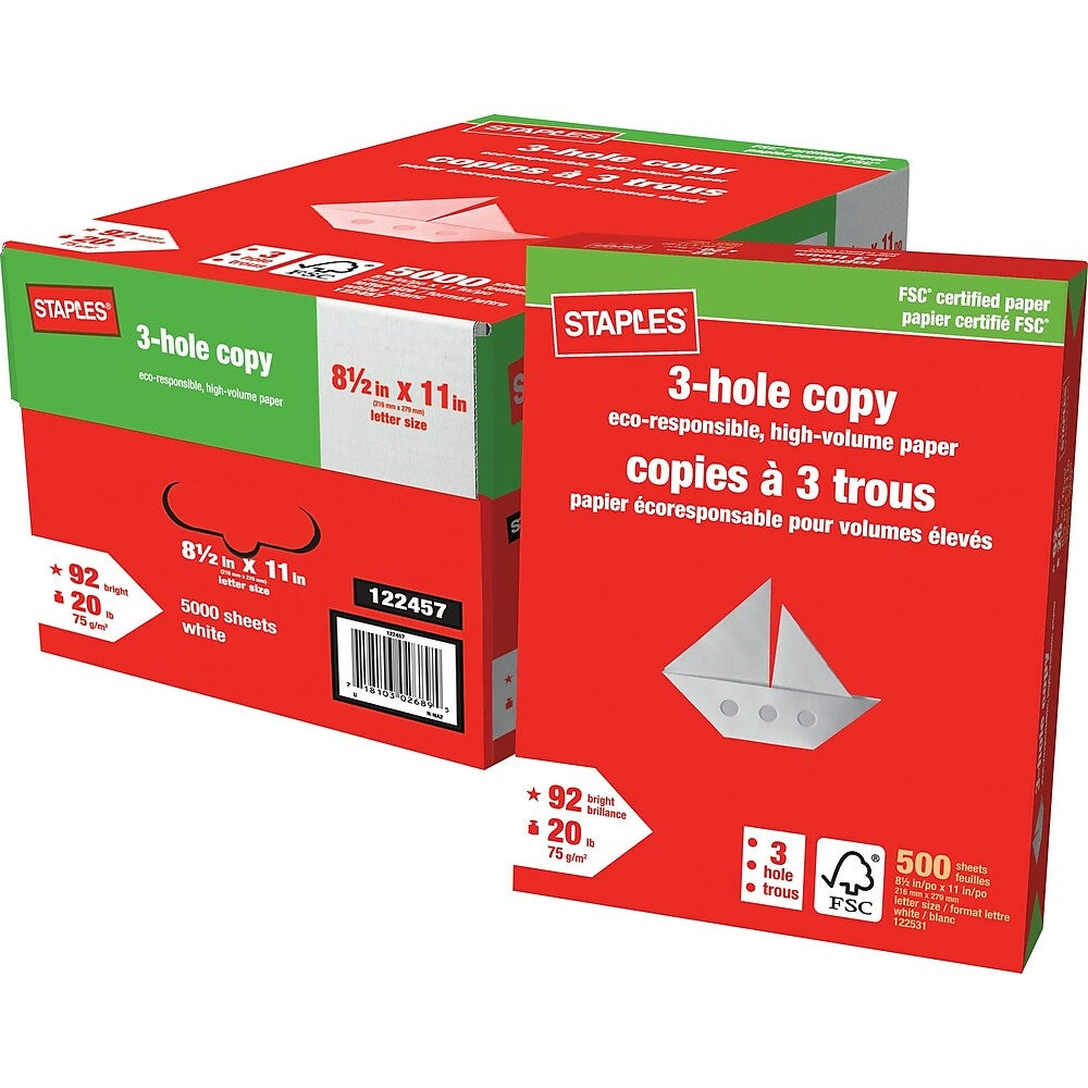 Staples - Papier de copie perforé à 3 trous certifié FSC - 20 lb - 8,5" x 11" - Blanc - 5000 feuilles