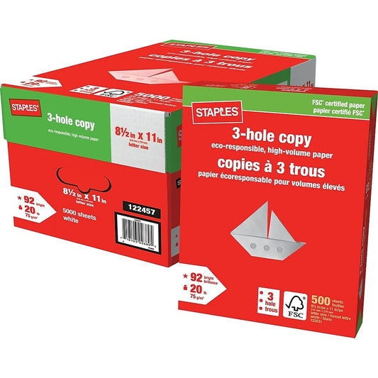 Staples - Papier de copie perforé à 3 trous certifié FSC - 20 lb - 8,5" x 11" - Blanc - 5000 feuilles