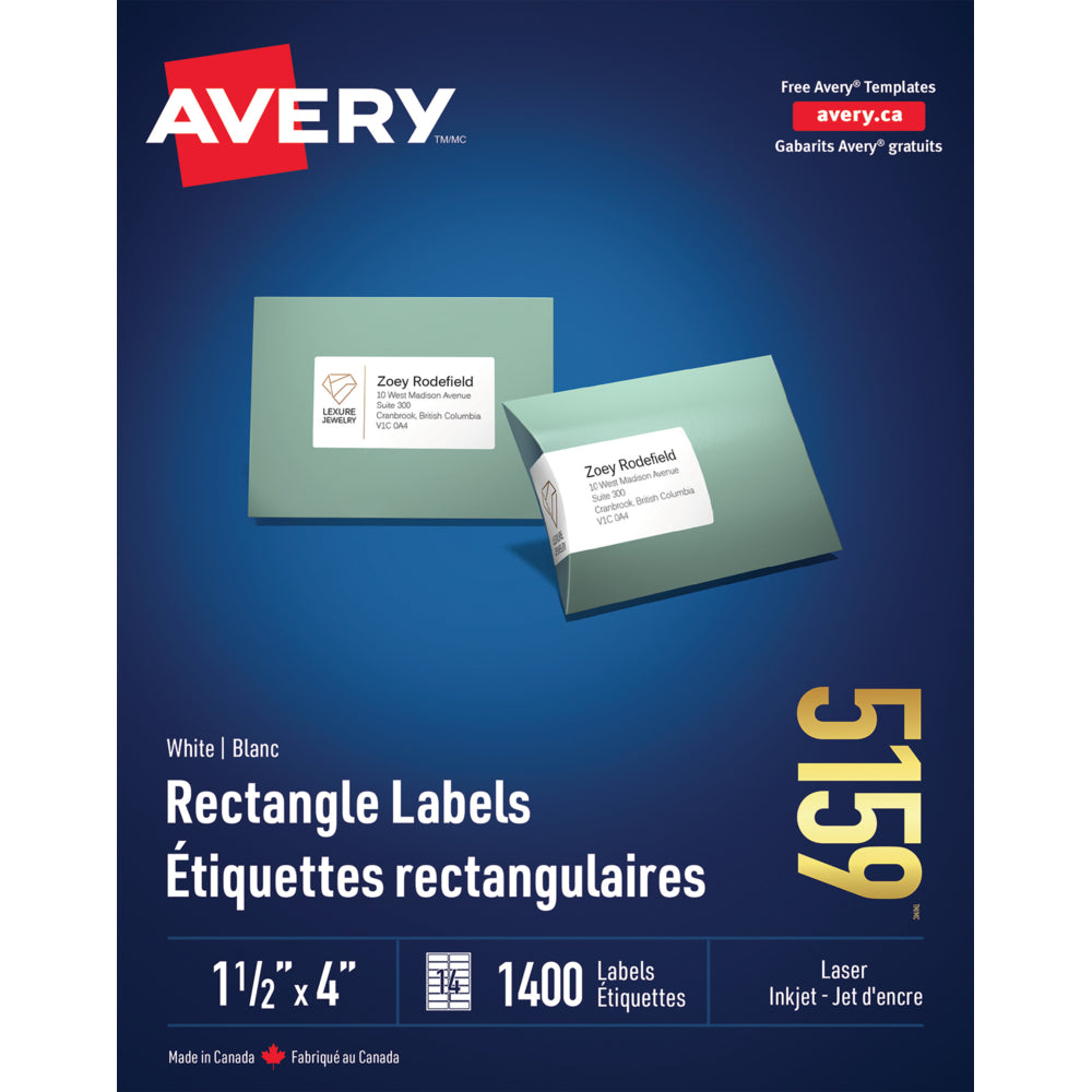 Étiquettes d'adresse Avery pour imprimantes laser/jet d'encre - 4" x 1-1/2" - Blanches - Paquet de 1400 (5159)