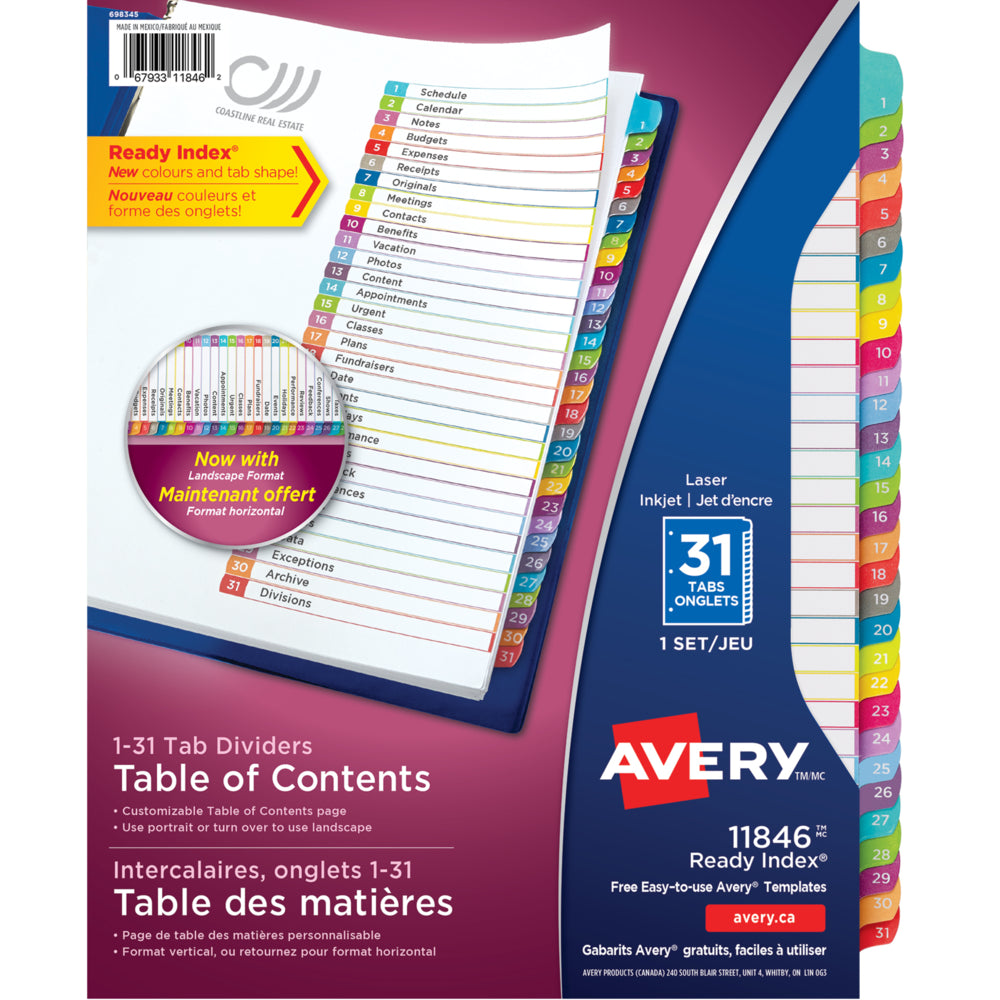 Intercalaires contemporains Avery Ready Index, multicolores, format lettre, 1 à 31