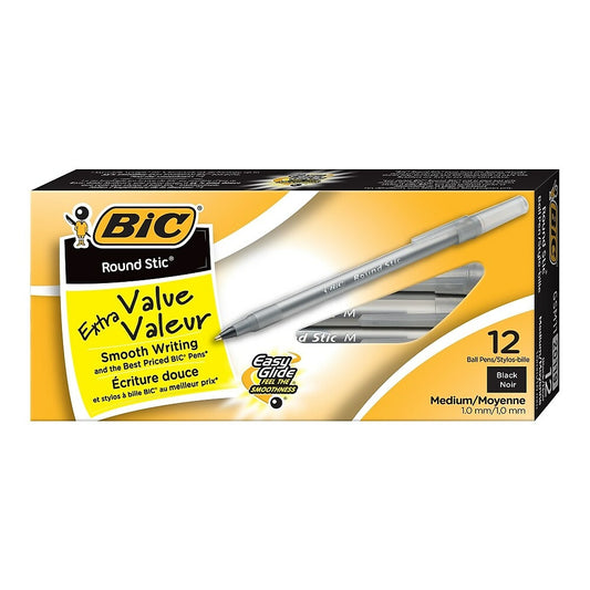 BIC Round Stic Extra Value Ballpoint Stick Pens -  1.0mm -  Black -  12 Pack