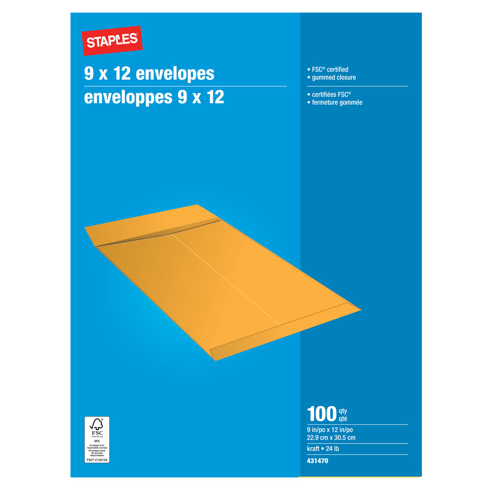 Staples Catalogue Envelopes with Gummed Flaps - 9" x 12" - Kraft - 100 Pack