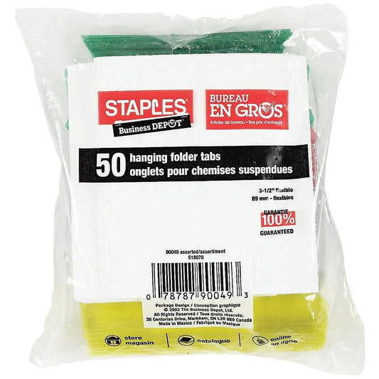 Onglets assortis pour dossiers suspendus Staples - 3-1/2 po - Paquet de 50