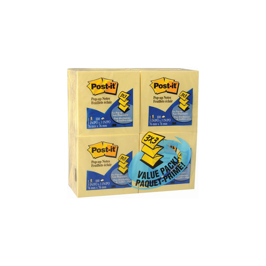 Notes pop-up Post-It - Paquet économique - Jaune canari - 76 mm (l) x 76 mm (L) - 100 feuilles par bloc - Paquet de 24