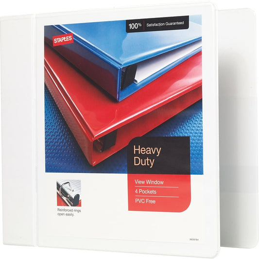 Staples Heavy-Duty View Binder with D-Rings - 4" - White