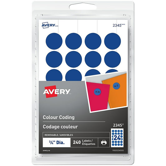 Avery Print or Write Removable Colour-Coding Labels, 3/4" Round, Blue, 240 Pack (2345)