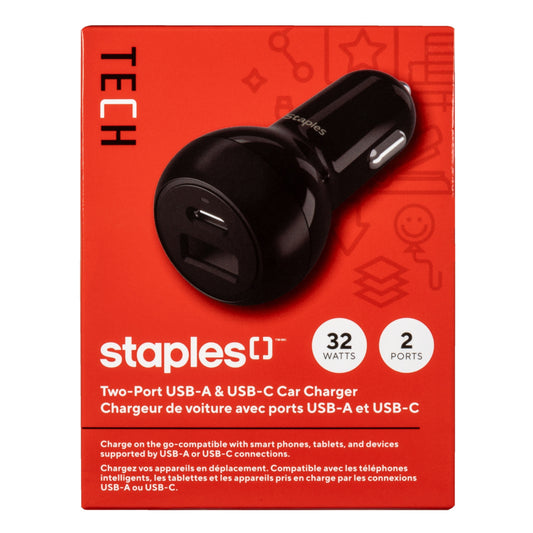 Staples USB-A/USB-C Car Charger - 32W - Black