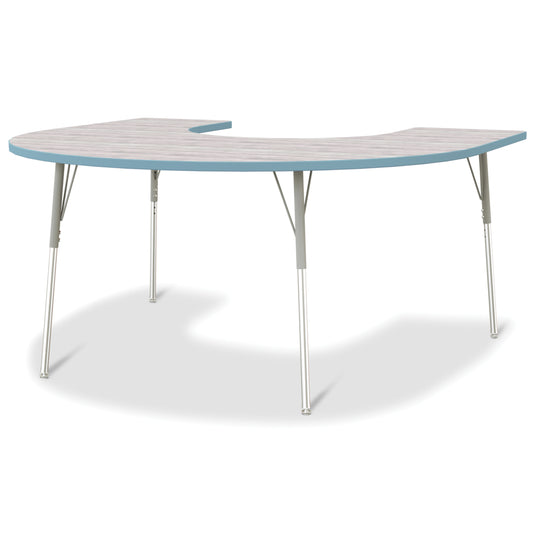 Table d'activités Jonti-Craft Berries en forme de fer à cheval - 152 cm x 167 cm - 61 à 79 cm de hauteur - Gris bois flotté/Bleu côtier