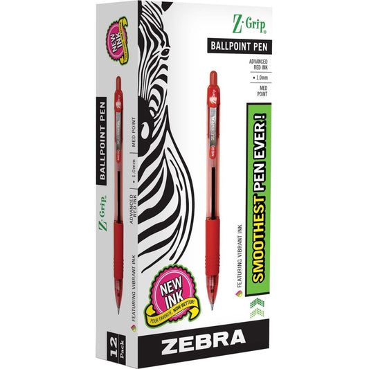 Zebra Z-Grip Retractable Ballpoint Pen - Medium Point - 1.0 mm - Red Ink - 12 Pack