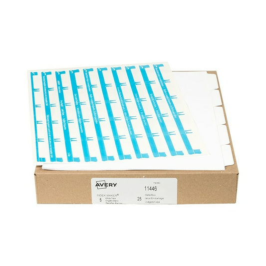 Intercalaires transparents Avery Index Maker avec étiquettes faciles à appliquer pour imprimantes laser et jet d'encre, 5 onglets, 25 jeux, blanc (11446)