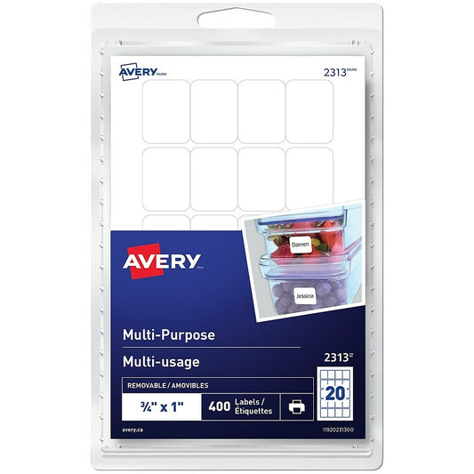Avery Removable White Labels - 3/4" x 1" - 400 Pack