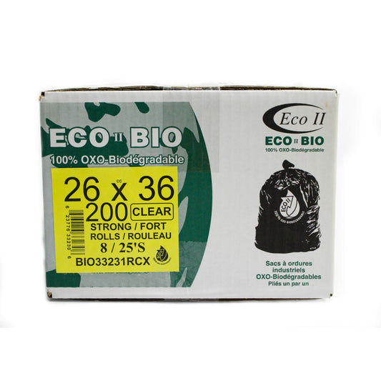 Eco II Oxo-Biodegradable Garbage Bags -26" x 36"-  Strong - Clear -  25/Roll - 200 Pack