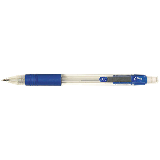 Crayon mécanique Zebra Z-Grip avec clip en métal - 0,5 mm - Corps transparent avec accents bleus