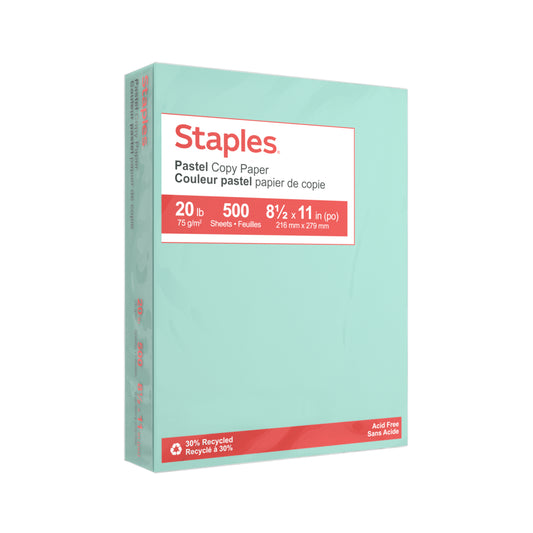 Papier photocopie Staples 30 % recyclé couleur pastel - Format lettre - 8-1/2" x 11" - Turquoise - 500 feuilles