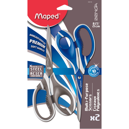 Maped Zenoa Asymmetric Scissors - 8.25" - Grey/Blue - 2 Pack