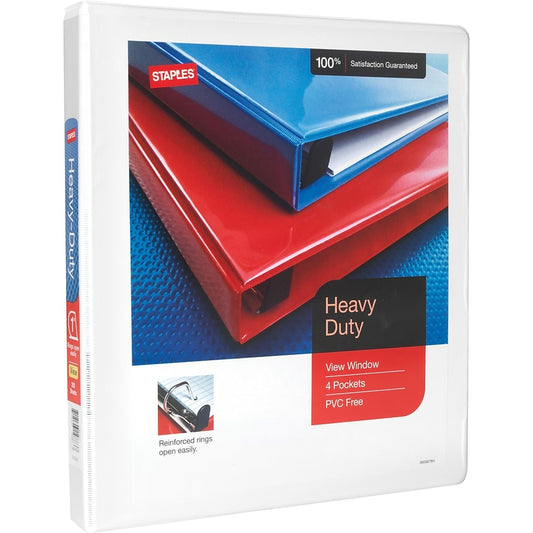 Staples Heavy-Duty View Binder with D-Rings - 1" - White