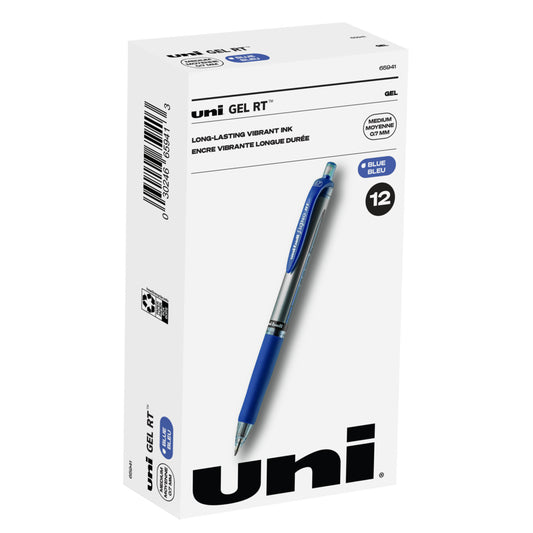 Stylo gel rétractable Uniball Signo Gel RT - 0,7 mm - Encre bleue - Lot de 12