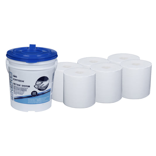 Lingettes humides WypAll PowerClean WetTask pour système de solvants - Rouleau central - Blanc - Seau inclus - Lot de 6